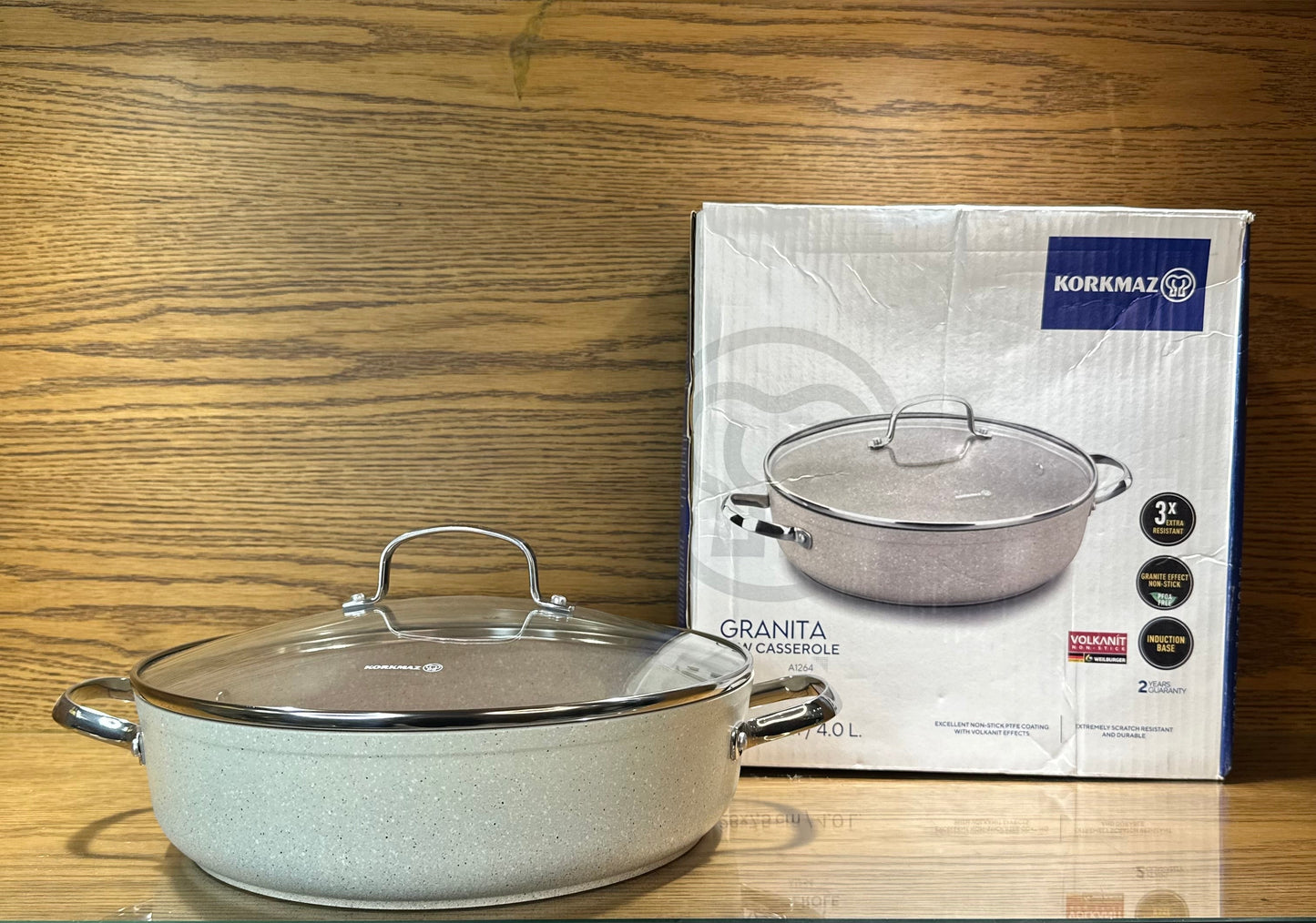 KORKMAZ Low Casserole 28 x 7.5 cm (4 Liters) “Granite Aluminum”