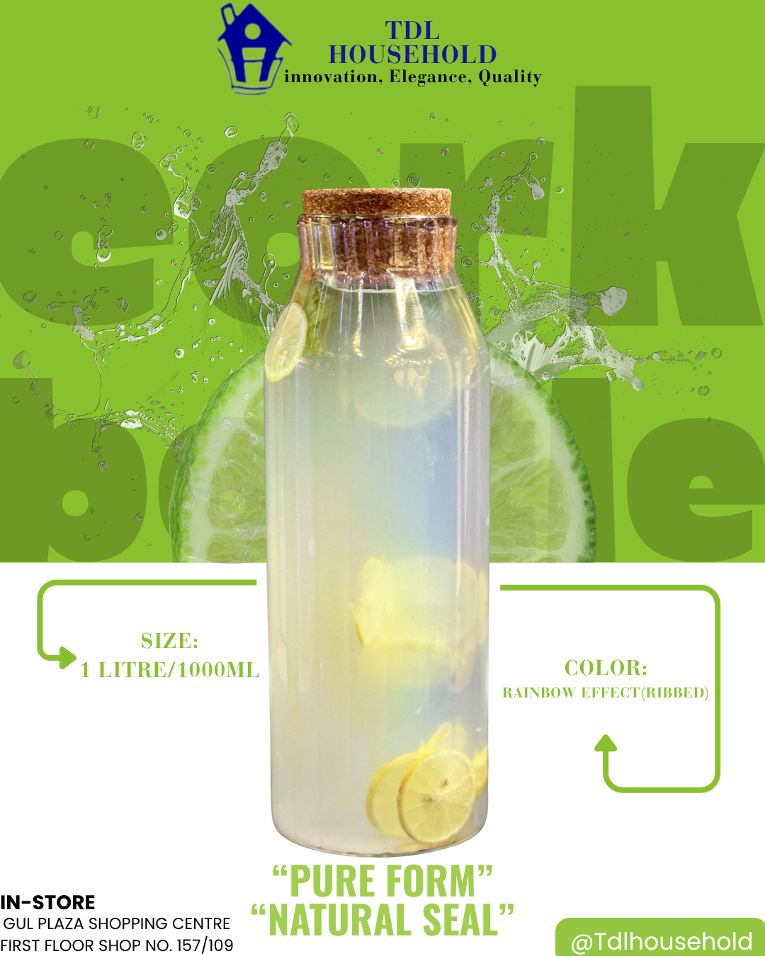 Ribbed Glass Cork Bottle - 1000ml