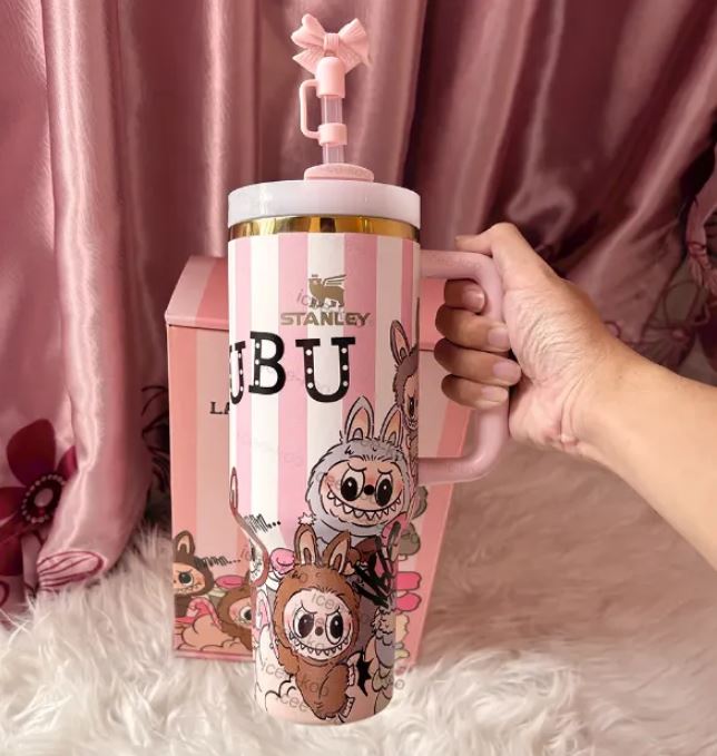 Stanley X Labubu Quencher Tumbler 40oz With Labubu Doll - Pink Stripes