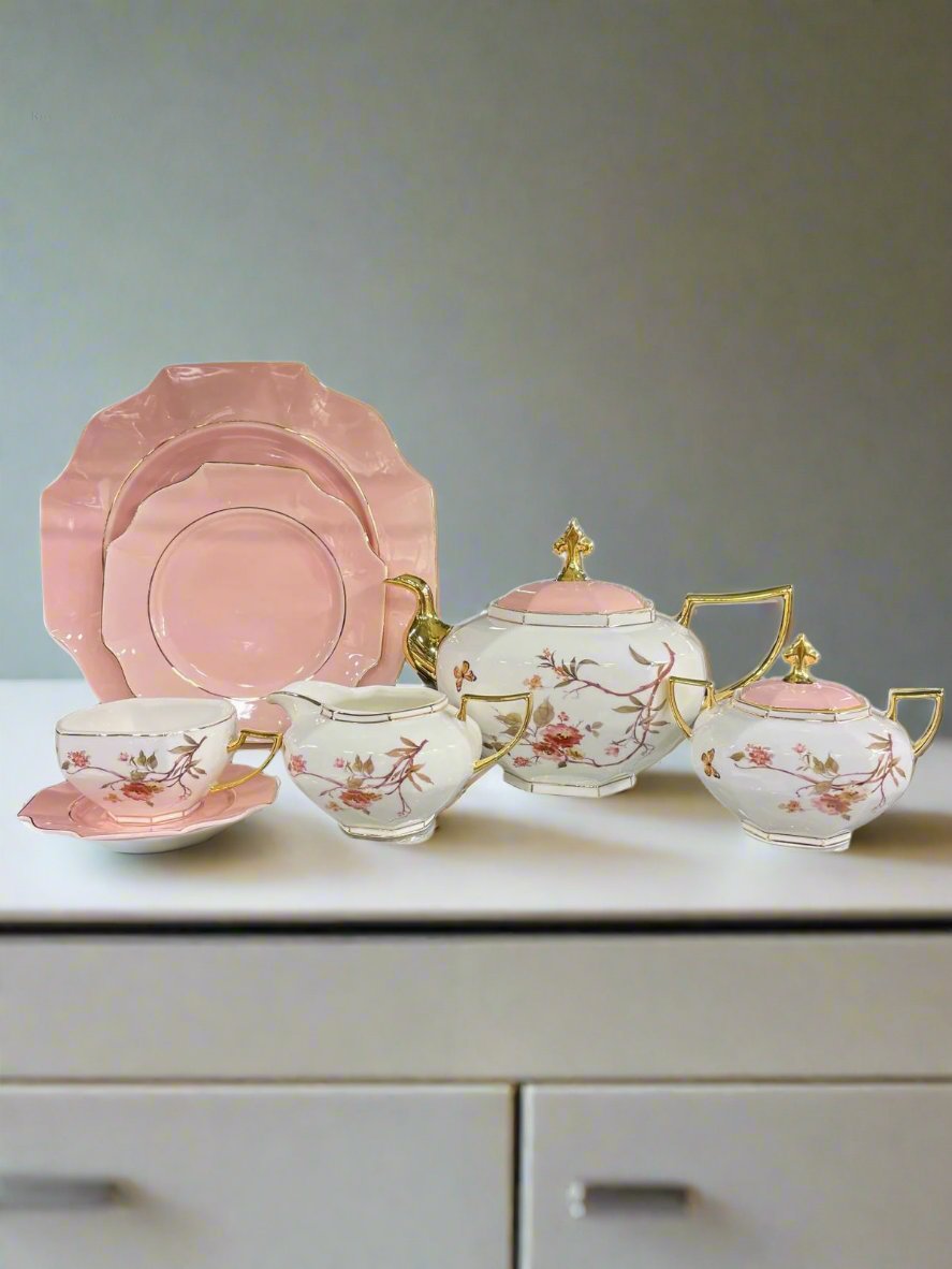 MODERN CERAMIC FLORAL TEASET (WHITE & PINK)