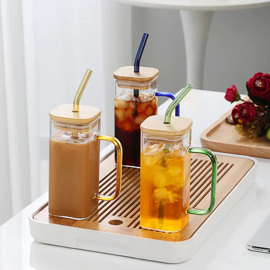 Square Glass Cup With Bamboo Lid And Straw