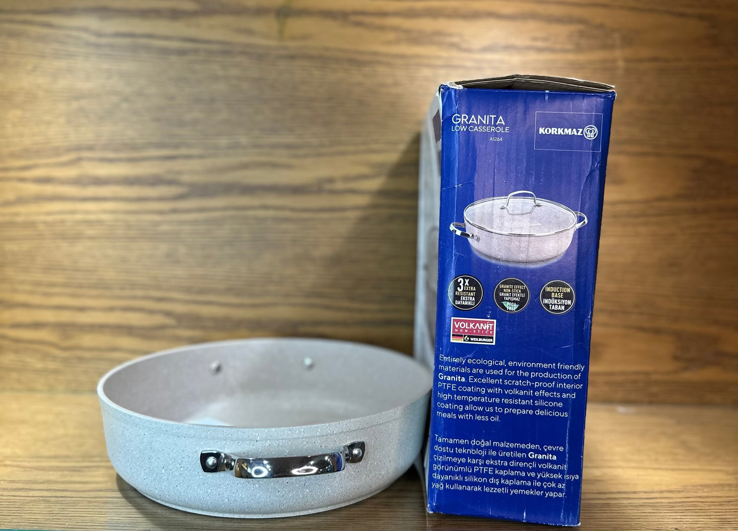 KORKMAZ Low Casserole 28 x 7.5 cm (4 Liters) “Granite Aluminum”