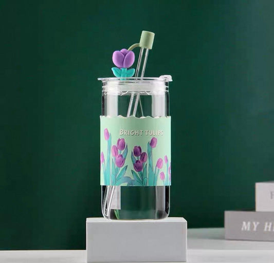 530ML Ripple Shaped Vintage Borosilicate Glass with Wooden Lid and Glass Straw (Floret)